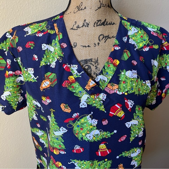 Serene Uniforms Festive Christmas Navy Blue Scrub Top - Picture 9 of 9